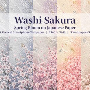 以下が含まれることがあります： 「Washi Sakura」と題されたデジタルアートセット。5つの縦型スマートフォン用壁紙が含まれています。日本の紙に春の開花デザインが施され、ピンクと白の色合いの桜の枝が描かれています。