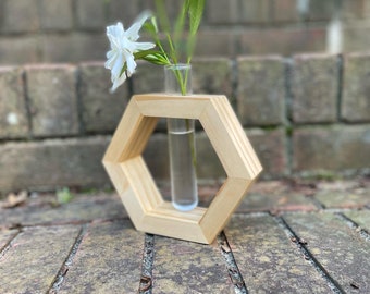 Propagation Station (Hexagon) - Wooden Indoor Plant Stand, Single Stem Vase, gift for mom, grandma, gardener gift, plant lover gift