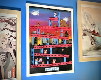Original Donkey Kong and Mario Painting - Hand Painted Cityscape with Pixel Sprites - Retro Arcade Art