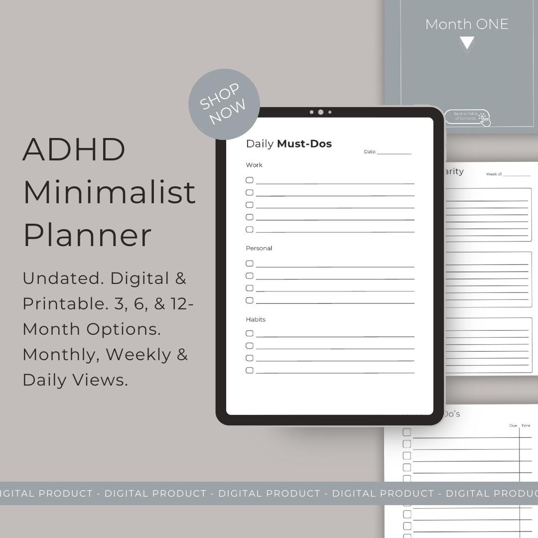 6-month Digital ADHD Planner Minimalist, Undated Monthly, Weekly, Daily ...