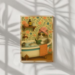 Funny Spa Cat Wall Art | Reading Cat Bubble Bath Poster | Quirky Bathroom Decor | Digital Download or Print