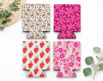 Cute Can Koozie | Neoprene Drink Sleeve | Teacher Gift | Pink Floral | Strawberry | Pink Daisy | Summer Beverage Holder