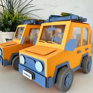 Blauwe hond autofeest middelpunt 3D bedankdoos, aangepaste autofeestdecoratie, gepersonaliseerde verjaardagstafeldecoratie, aangepast blauw hond auto middelpunt