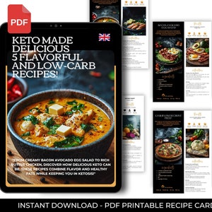 以下が含まれることがあります： ケトレシピの電子書籍を表示するタブレットを備えたデジタルダウンロード。電子書籍の表紙には、ケト料理の写真とともに「Keto Made Delicious: 5 Flavorful and Low-Carb Recipes!」と書かれています。レシピカードも表示されています。