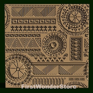 Könnte beinhalten: Ein braunes und schwarzes geometrisches Muster mit sich wiederholenden Formen und Linien. Das Muster erinnert an traditionelle afrikanische Kunst.