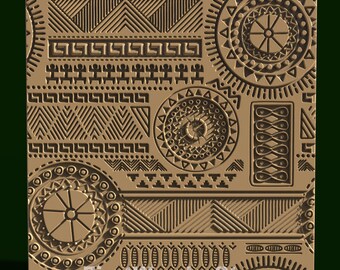 May include: A brown and black geometric pattern with repeating shapes and lines. The pattern is reminiscent of traditional African art.