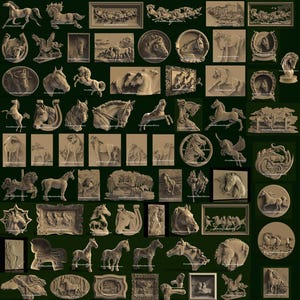 May include: A collection of various horse-themed sculptures and reliefs. The images showcase detailed carvings of horses in different poses, including running, rearing, and in relief. The pieces vary in size and shape, with some framed and others circular or oval.