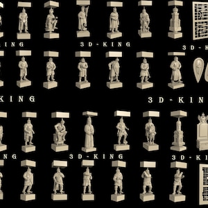 Puede incluir: Colección de figuras beige impresas en 3D de personajes históricos, incluyendo caballeros y realeza, sobre un fondo negro. El texto "3D-KING" es visible en varios lugares.