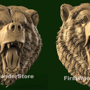 May include: A detailed 3D model of a bear's head with an open mouth, showing teeth and tongue. The bear's fur is sculpted in a realistic style.