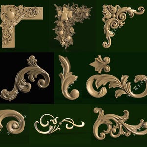 May include: A collection of ornate, gold-colored architectural elements, including corner pieces, scrolls, and decorative flourishes. The designs feature intricate details and a classical aesthetic, suitable for interior design or decorative projects.