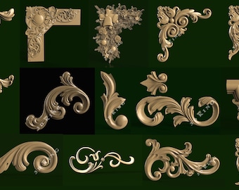 14 Pcs of 3D STL Models: Decorative Corners & Elements for CNC Router, 3D Printer