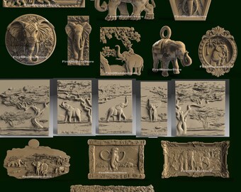 12 Pcs 3D STL Models Elephant Theme for CNC Router, Engraver, Carving, Machine, 3D Printer, VCarve