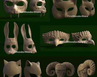 6 Pcs of 3D STL Models Different Animals Masks for CNC Router, Engraver, Carving Machine, 3D Printer
