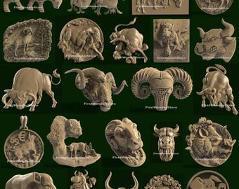 23 Pcs 3D STL Models of Bull Cow Goat Theme for CNC Router, Engraver, Carving, Machine 3D Printer, Aspire, Artcam, Fusion3D