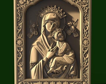 May include: A detailed, three-dimensional carving of the Virgin Mary holding a baby Jesus. The carving is framed in a decorative, ornate frame with floral designs. The carving is made of a light brown wood.