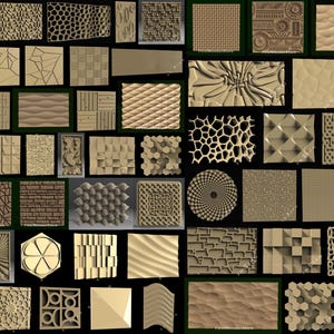 Pode incluir: Uma coleção de 48 designs diferentes de painéis de parede 3D. Os painéis são feitos de um material marrom claro e têm uma variedade de padrões geométricos.