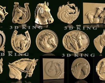 May include: A collection of intricately carved horse-themed relief sculptures. The designs include horse heads, horseshoes, and circular medallions, all in a warm, neutral tone. The text "3D KING" is visible on several pieces.