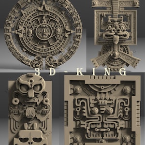 4 pezzi di modelli STL 3D di tema azteco e Maya per router CNC, incisore, macchina per intaglio, stampante 3D Artcam, Aspire, Fusion
