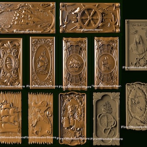 Set de 12 piezas de modelos 3D STL de backgammon con temática marítima y naval para grabado en fresadora CNC e impresora 3D.