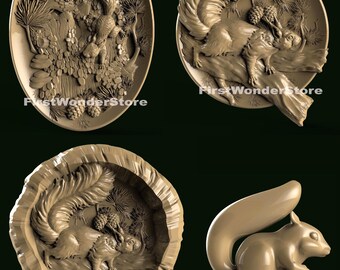 4 Pcs 3D STL Models Squirrels Theme for CNC Router, Engraver, Carving, Machine, 3D Printer, VCarve
