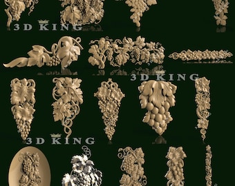 Grape 3D STL Model SetFlat Backside CNC Router Carving Designs (17 Pcs)