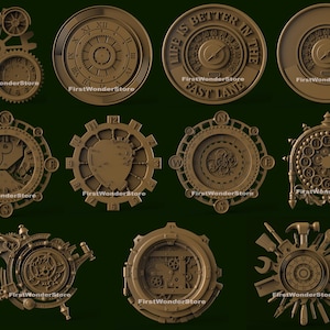 May include: A collection of bronze-colored steampunk-style clock designs. The designs include gears, Roman numerals, and compass-like elements. Some designs feature the text "LIFE IS BETTER IN THE FAST LANE."