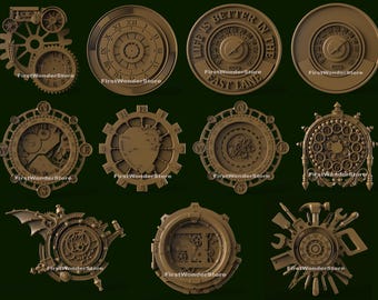 May include: A collection of bronze-colored steampunk-style clock designs. The designs include gears, Roman numerals, and compass-like elements. Some designs feature the text "LIFE IS BETTER IN THE FAST LANE."