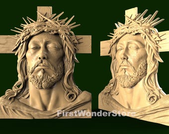 Modello 3D STL del volto di Gesù a forma di croce, ideale per fresatura CNC e stampa 3D.