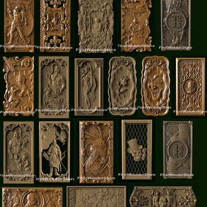 Könnte beinhalten: Eine Sammlung aufwendig geschnitzter Holzpaneele, jedes mit einzigartigen Reliefdesigns. Die Paneele zeigen Figuren, Szenen und dekorative Elemente, wobei der Text "FirstWonderStore" auf mehreren sichtbar ist. Die Paneele variieren in Größe und Form.