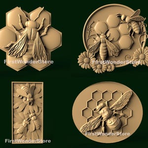 4 modelos 3D STL de abejas e insectos en flores para fresadora CNC, grabadora, impresora 3D Artcam Aspire Fusion3D