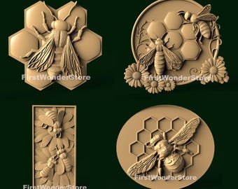 4 Pcs 3D STL Models Bees Insects on the Flowers CNC Router Carving, 3D Printer Files