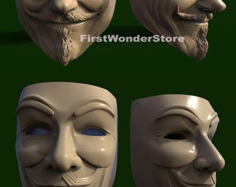 2 Pcs of 3D STL Models of Masquerade Vendetta Masks for CNC Router, Engraver, Carving Machine
