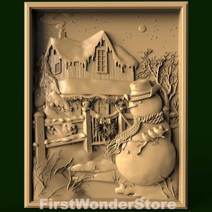 3D STL Modell Panel 4 Schneemänner & Haus für CNC Fräser Engraver Carving Maschine 3D Drucker Artcam Aspire Fusion3D