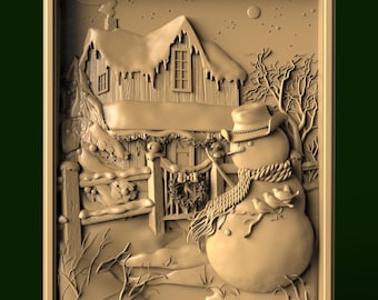 Snowmen & House 3D STL Model for CNC Router, Engraver, 3D Printer
