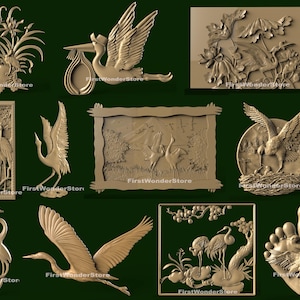May include: A collection of intricately carved wooden reliefs featuring storks in various poses. The designs include storks in flight, nesting, and carrying objects, set against floral and landscape backgrounds. The carvings are in a natural wood tone.