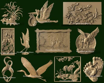11 modelli 3D STL a tema cicogna airone uccelli per router CNC, incisore, intaglio, macchina stampante 3D, Aspire, Artcam, Fusion3D