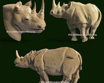 3 Pcs 3D STL Models Rhinoceros Theme for CNC Router, Engraver, Carving, Machine, 3D Printer, VCarve