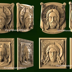 May include: A collection of beige-colored religious relief sculptures depicting a man with long hair and a beard, surrounded by a halo. The sculptures are framed and feature intricate details, with the text "FirstWonderStore" visible.