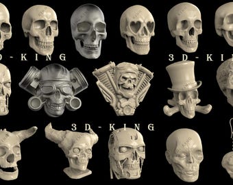 May include: A collection of 14 detailed skull sculptures in various styles, including a biker skull, a skull with a top hat, and a skull with horns. The sculptures are made of a white material and have a realistic appearance. The text "3D-KING" appears three times in the image.
