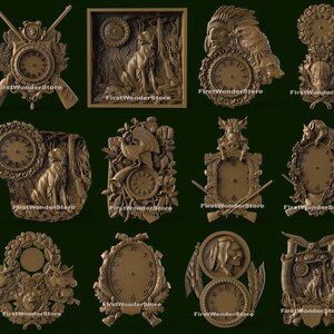 12 Pcs 3D STL Models of Hunting Clocks Theme for CNC Router Carving 3D Printer Aspire V Carve Artcam