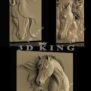 3 Pcs 3D STL Models of Heads of Horses for CNC Router, Engraver, Carving, Machine, 3D Printer, Aspire, Artcam, Fusion3D