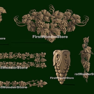 May include: A set of seven 3D carved grapevine designs. The designs include a single grapevine with grapes, a grapevine border, a grapevine corner piece, and a grapevine garland. The designs are all in a light brown color.