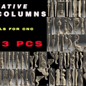 Op de afbeelding: Een set van 113 3D STL-modellen voor CNC, met decoratieve poten en kolommen. De modellen zijn ontworpen voor gebruik in de meubelmakerij en andere houtbewerkingsprojecten.