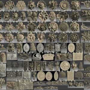 May include: A collection of 159 3D STL models for CNC, featuring floral, flower, and tree patterns. The models are in a neutral color, showcasing various designs including flowers, leaves, and decorative elements. The text "FLORAL FLOWER TREES PATTERNS" is displayed at the top.