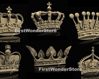 Crown 3D STL Models Flat Backside for CNC Router Machine, Engraver, 3D Printer (6 Pcs) (Digital Download)