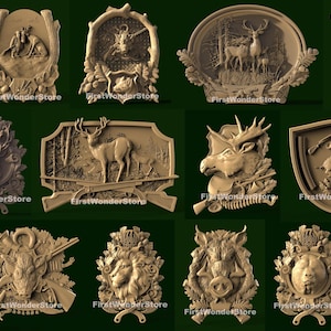 18 Stück 3D STL Modelle von Jagd Angeln Schilde Rahmen - 2 für CNC Fräser Engraver Carving Maschine 3D Drucker Artcam Aspire Fusion3D