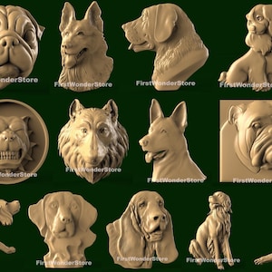 17 Pcs of Dog Breeds 3D STL Models for CNC Router, Engraver, Carving, Machine, 3D Printer