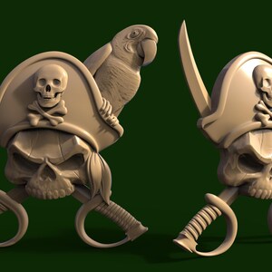 May include: A beige pirate-themed sculpture featuring a skull with crossed swords, a tricorn hat with a skull and crossbones, and a parrot. The design is rendered in a 3D style, with a dark green background.