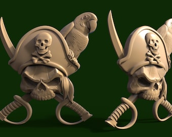 May include: A beige pirate-themed sculpture featuring a skull with crossed swords, a tricorn hat with a skull and crossbones, and a parrot. The design is rendered in a 3D style, with a dark green background.