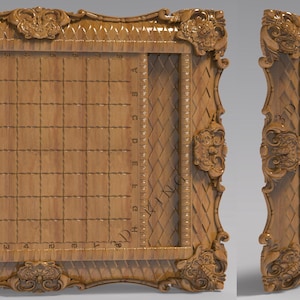 May include: Ornate wooden framed board with a grid pattern, possibly for a game or display. The frame has detailed carvings and a decorative border. The wood has a warm, natural tone. The board is shown from two angles.